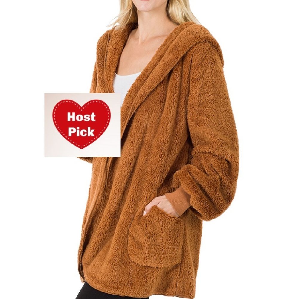 Brown Teddy Sherpa Jacket with Sherpa Shawl Collar Ribbed Cuffs Pockets & Hoodie - Picture 2 of 6